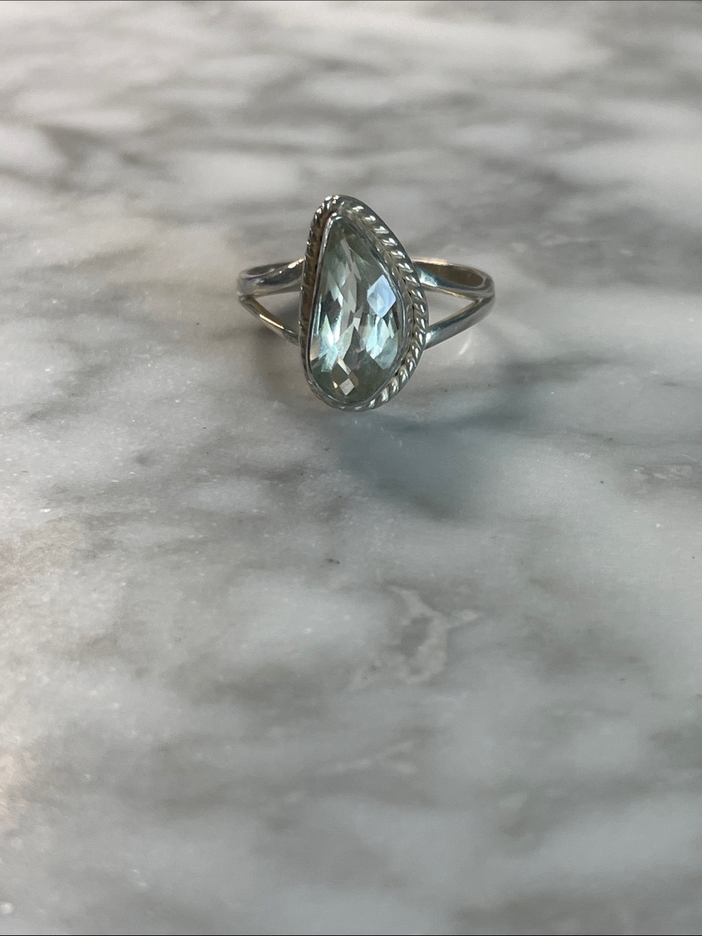 Sterling Silver Teardrop Green Amethyst Halo Ring size 7.5